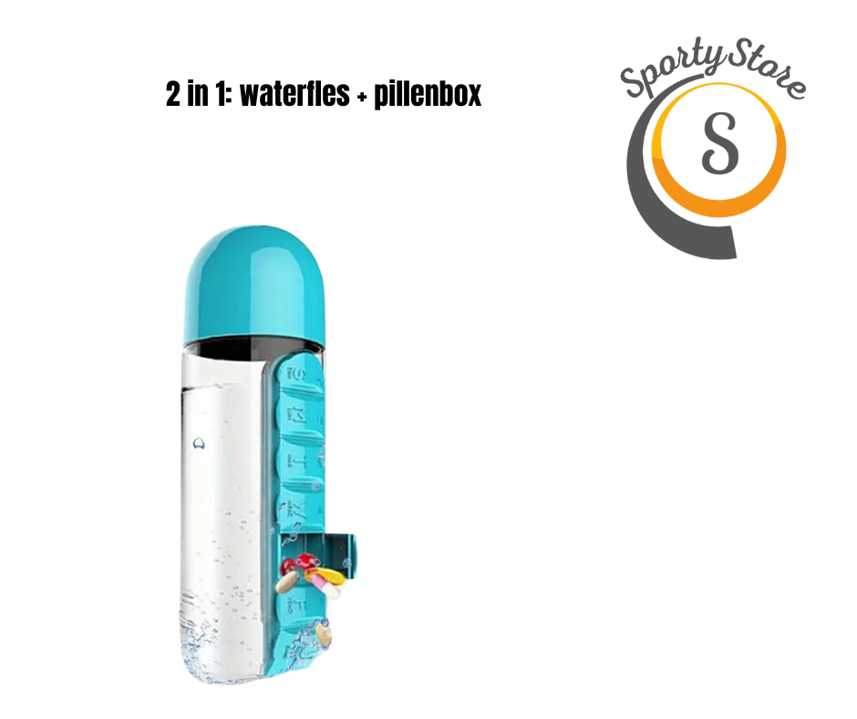 Janneke- waterfles met pillenbox voor medicatie, vitamines of supplementen