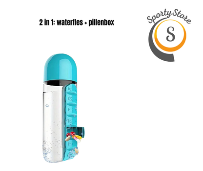 Janneke- waterfles met pillenbox voor medicatie, vitamines of supplementen