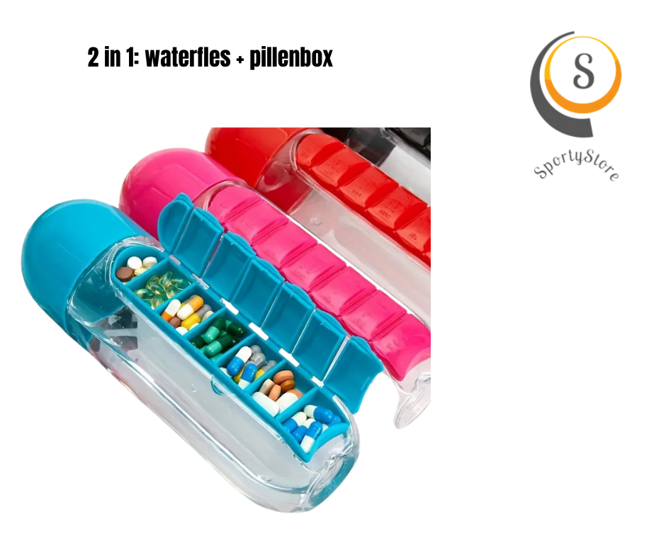 Janneke- waterfles met pillenbox voor medicatie, vitamines of supplementen