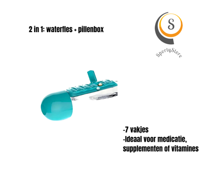 Janneke- waterfles met pillenbox voor medicatie, vitamines of supplementen